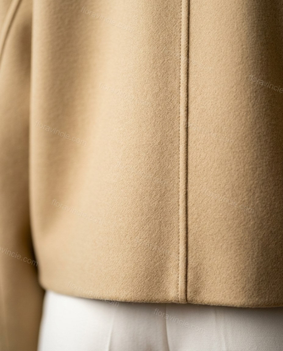 Beige Jacket, close-up of wide high collar, double-breasted snap closure and dropped shoulders, by Floravincie