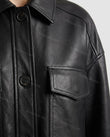 Black Bottom, close-up of spread collar, button-front closure and flap pockets, by Floravincie