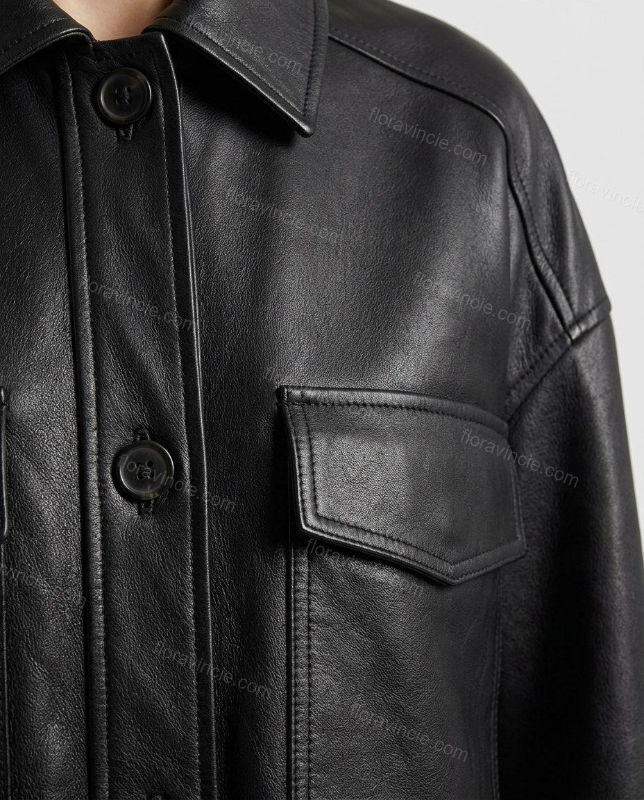 Black Bottom, close-up of spread collar, button-front closure and flap pockets, by Floravincie