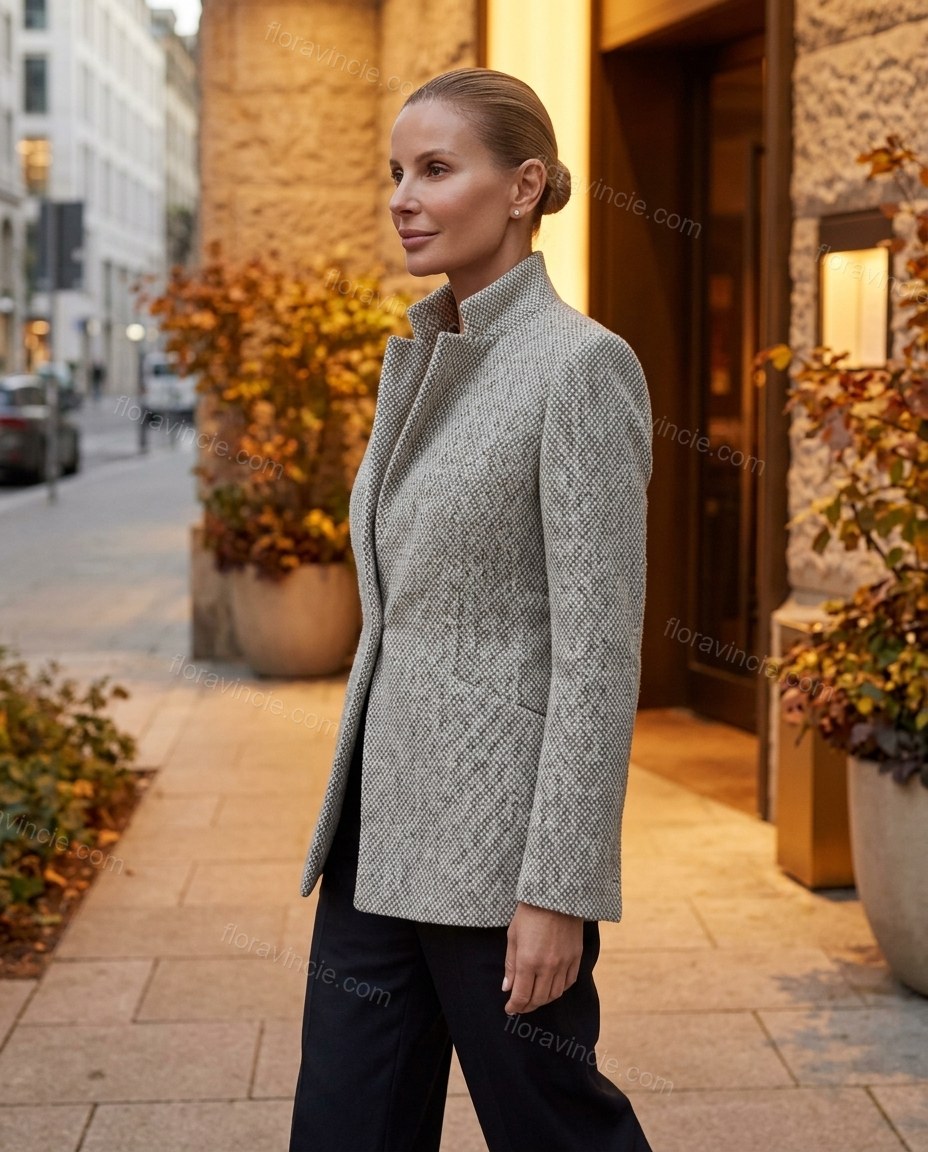 Light Grey Blazer, walking lifestyle view, by Floravincie