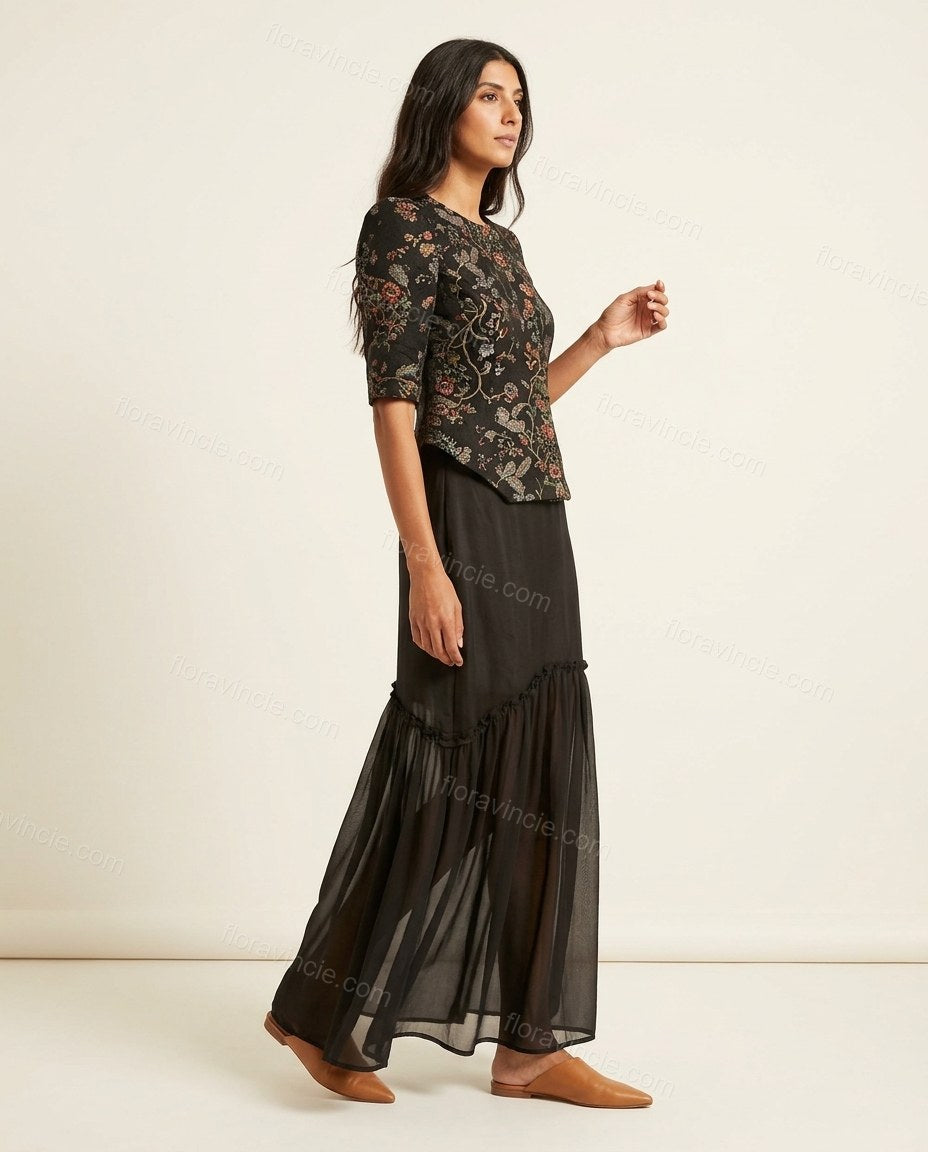 Black Maxi Ruffled Tiered Dress, side and back studio view showing no visible back details, by Floravincie