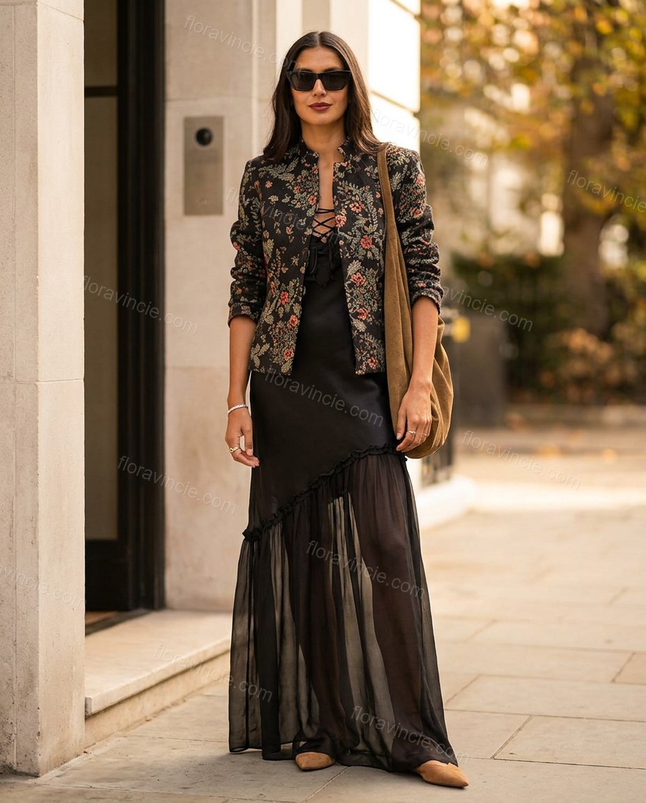 Black Maxi Ruffled Tiered Dress, full-length hero view, by Floravincie