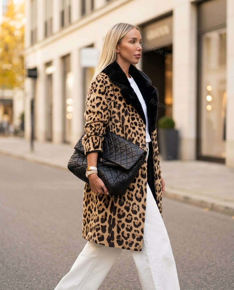 Brown Leopard Print Faux-Fur Coat, movement and fit lifestyle view, by Floravincie