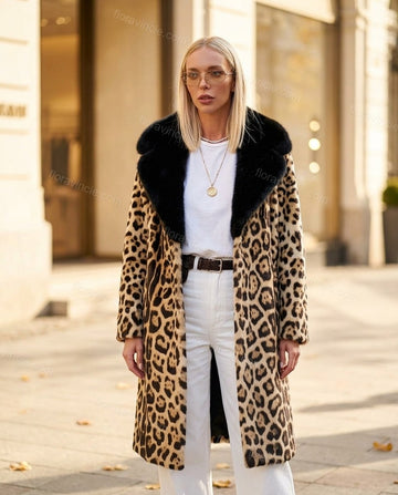 Brown Leopard Print Faux-Fur Coat, full-length hero view, by Floravincie