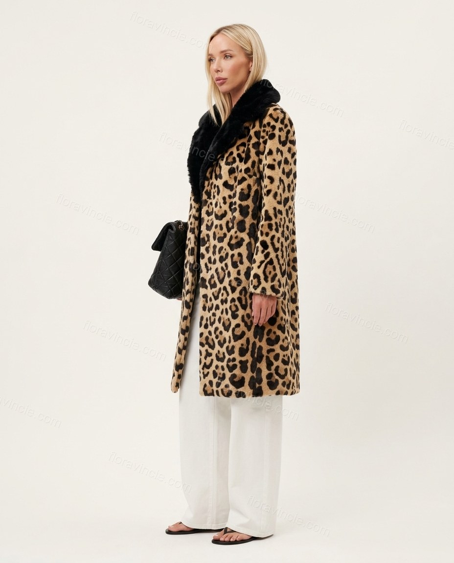 Brown Leopard Print Faux-Fur Coat, side and back studio view showing not visible, by Floravincie
