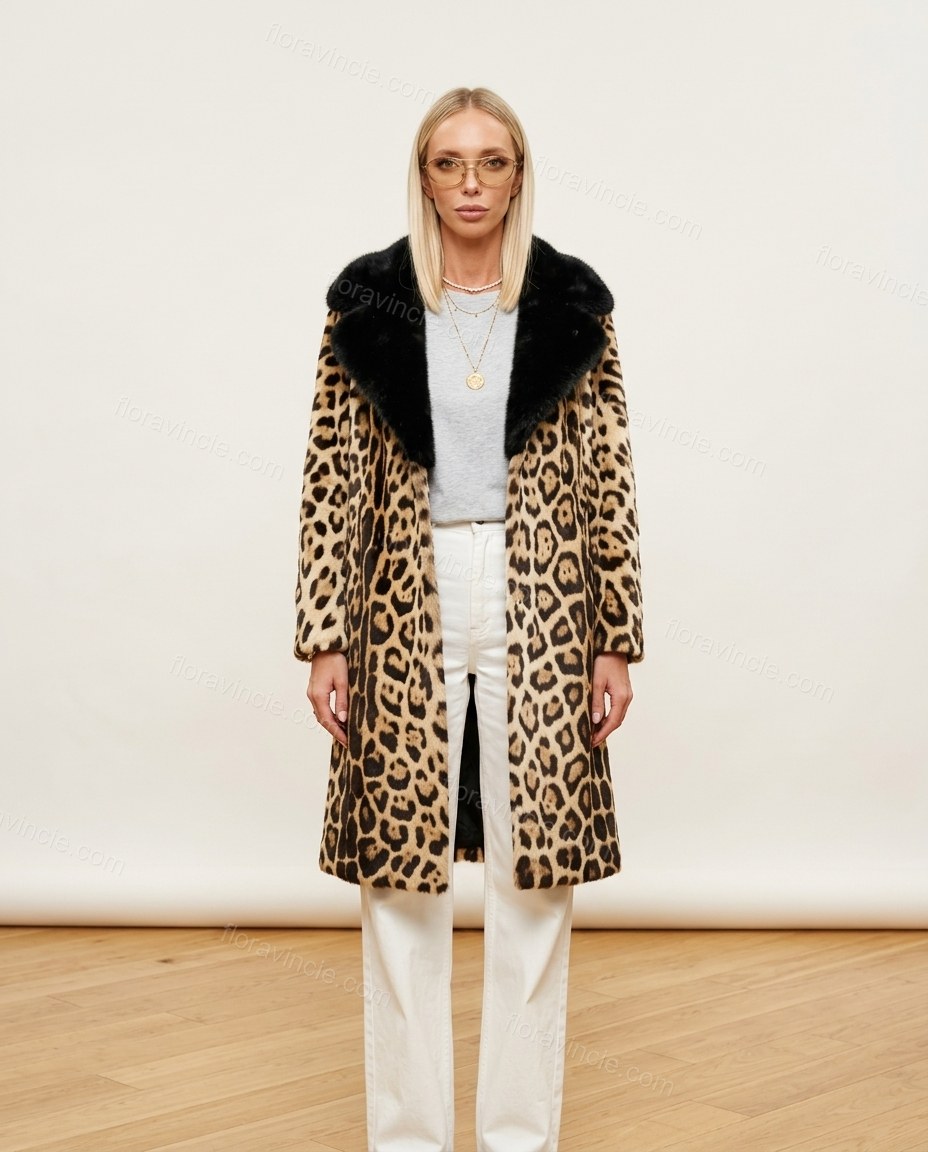 Brown Leopard Print Faux-Fur Coat, front studio view, by Floravincie
