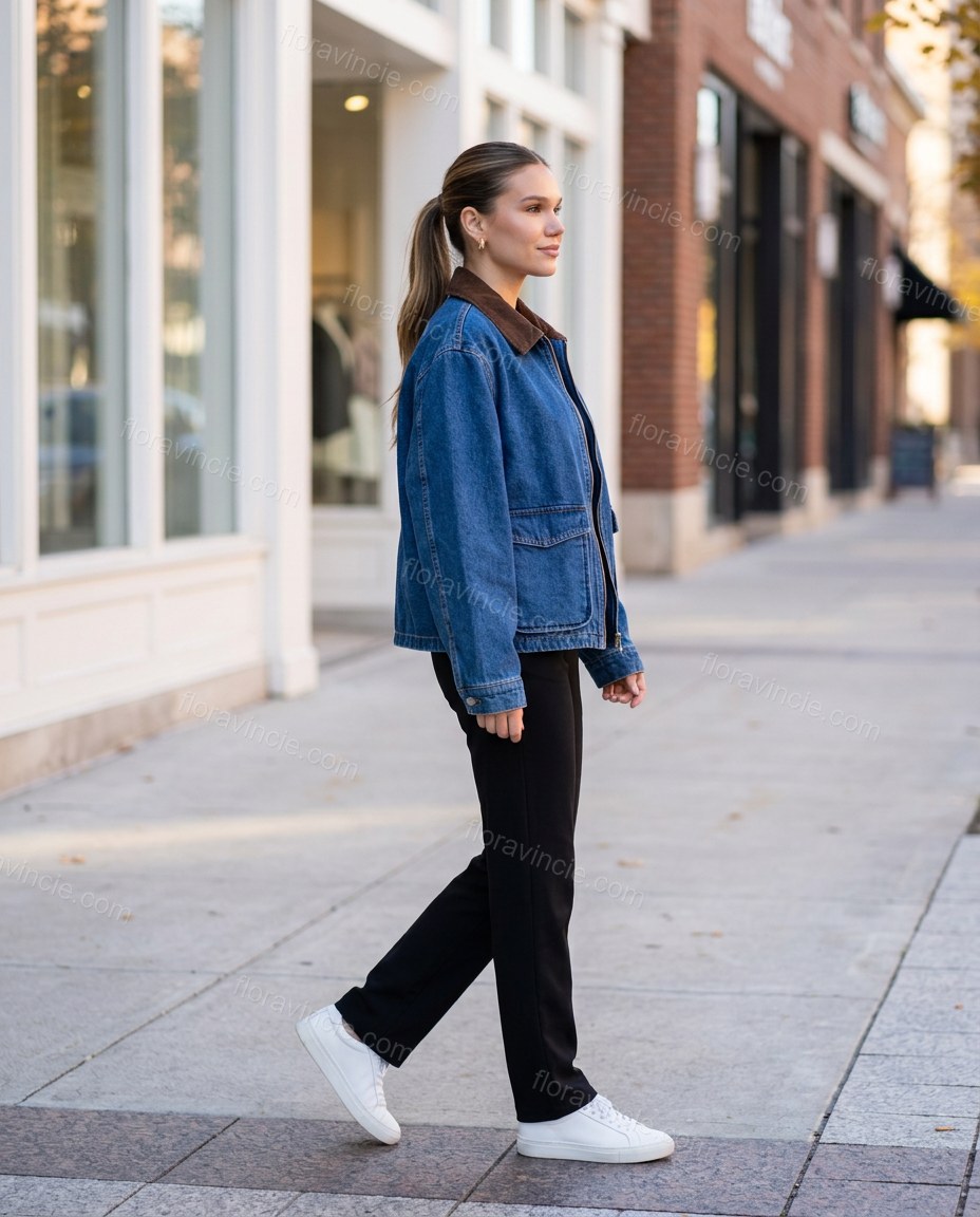 Blue Corduroy Denim Jacket, movement and fit lifestyle view, by Floravincie