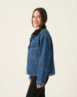 Blue Corduroy Denim Jacket, side and back studio view showing plain blue denim back, by Floravincie