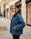 Blue Corduroy Denim Jacket, walking lifestyle view, by Floravincie