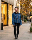 Blue Corduroy Denim Jacket, three-quarter brand lifestyle view, by Floravincie