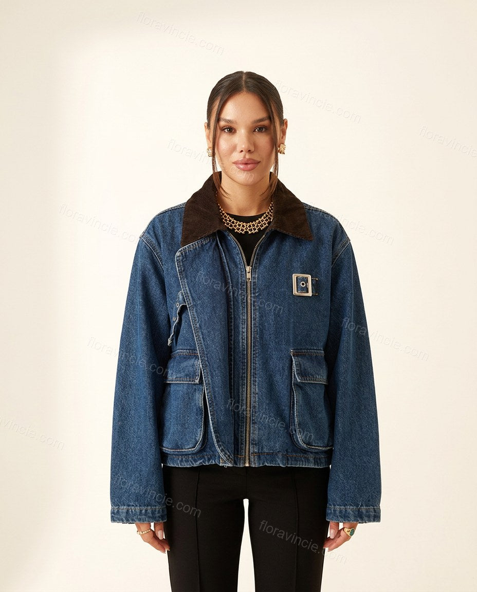 Blue Corduroy Denim Jacket, front studio view, by Floravincie