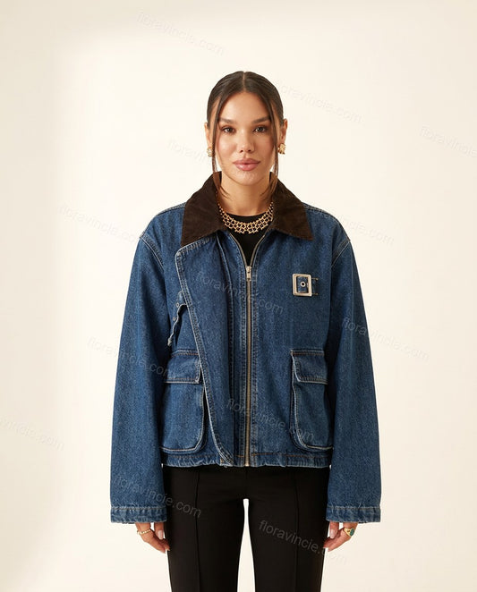 Blue Corduroy Denim Jacket, front studio view, by Floravincie