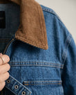 Blue Corduroy Denim Jacket, close-up of brown accents, contrasting collar and front zipper closure, by Floravincie