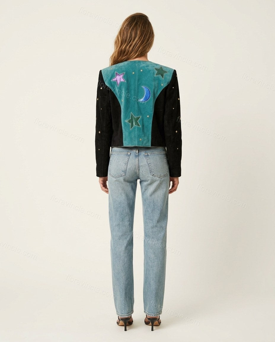 Light Blue Denim Pants, back studio view showing teal panel with celestial appliques, by Floravincie