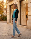Light Blue Denim Pants, walking lifestyle view, by Floravincie