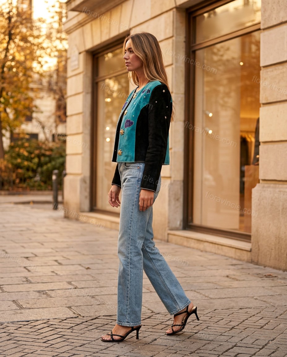 Light Blue Denim Pants, walking lifestyle view, by Floravincie