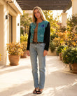 Light Blue Denim Pants, three-quarter brand lifestyle view, by Floravincie