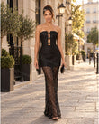 Black Geometric Strapless Pants Set, walking lifestyle view, by Floravincie