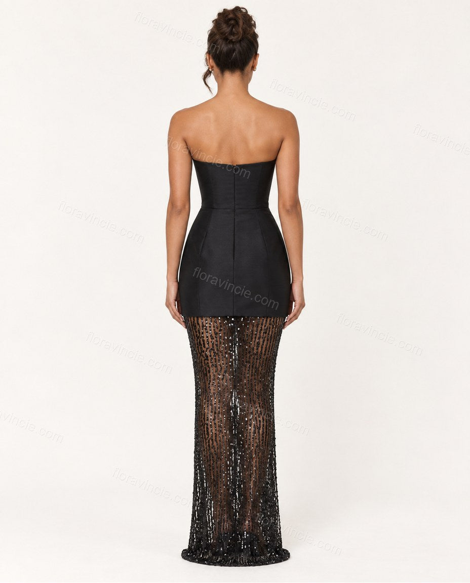 Black Geometric Strapless Pants Set, side and back studio view, by Floravincie