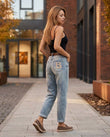Brown Embroidered Denim Two-Piece Set, walking lifestyle view, by Floravincie
