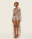 Taupe Animal Print Ruffled Top & Shorts Set, side and back studio view, by Floravincie