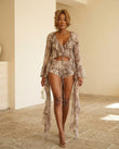 Taupe Animal Print Ruffled Top & Shorts Set, full-length hero view, by Floravincie