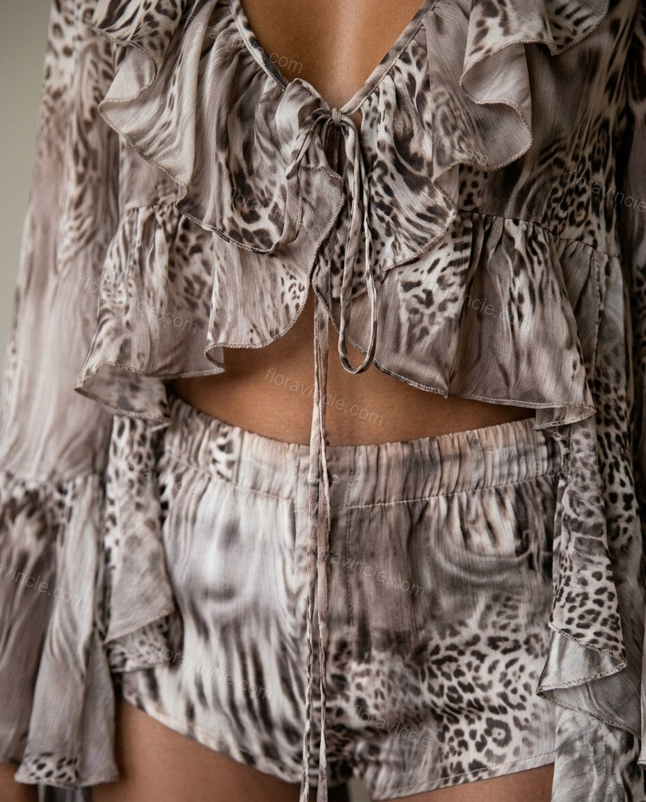 Taupe Animal Print Ruffled Top & Shorts Set, close-up of animal print, by Floravincie