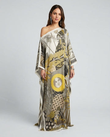 Grey Maxi Asymmetric Dress, full-length hero view, by Floravincie