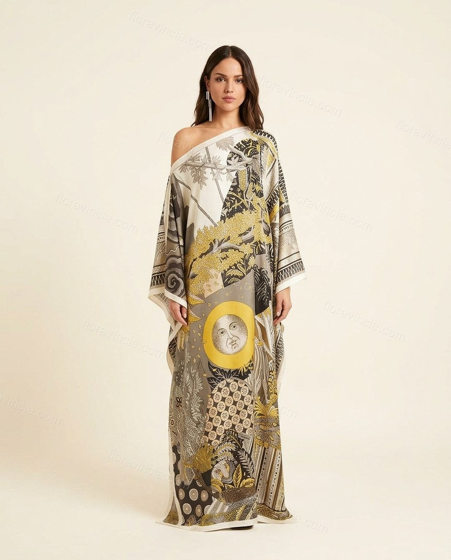 Grey Maxi Asymmetric Dress, front studio view, by Floravincie