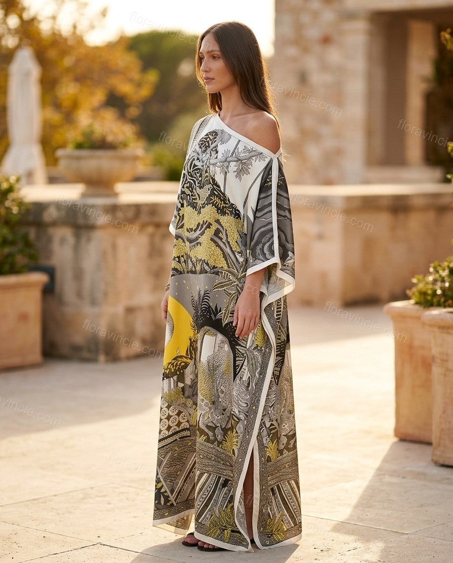 Grey Maxi Asymmetric Dress, three-quarter brand lifestyle view, by Floravincie