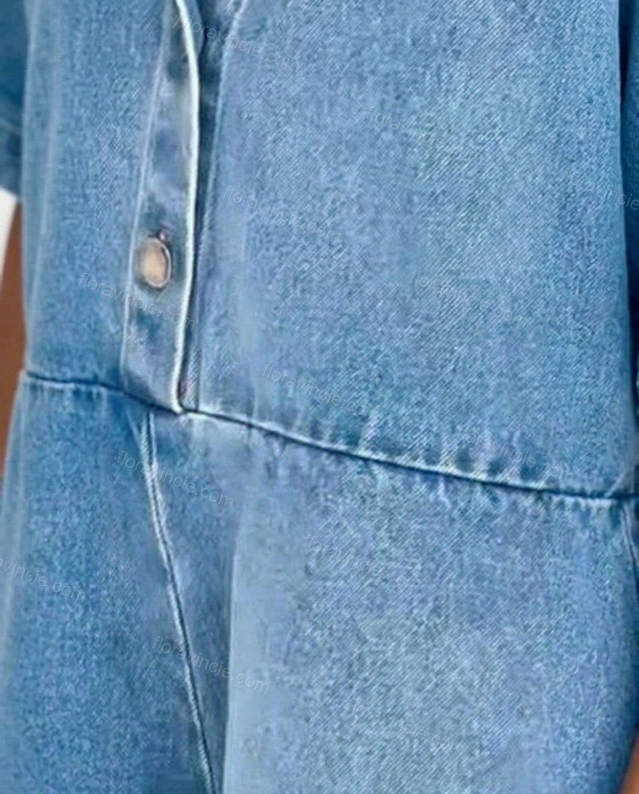 Light Blue Denim Jumpsuit, close-up of front button placket, collar and seamed waist, by Floravincie