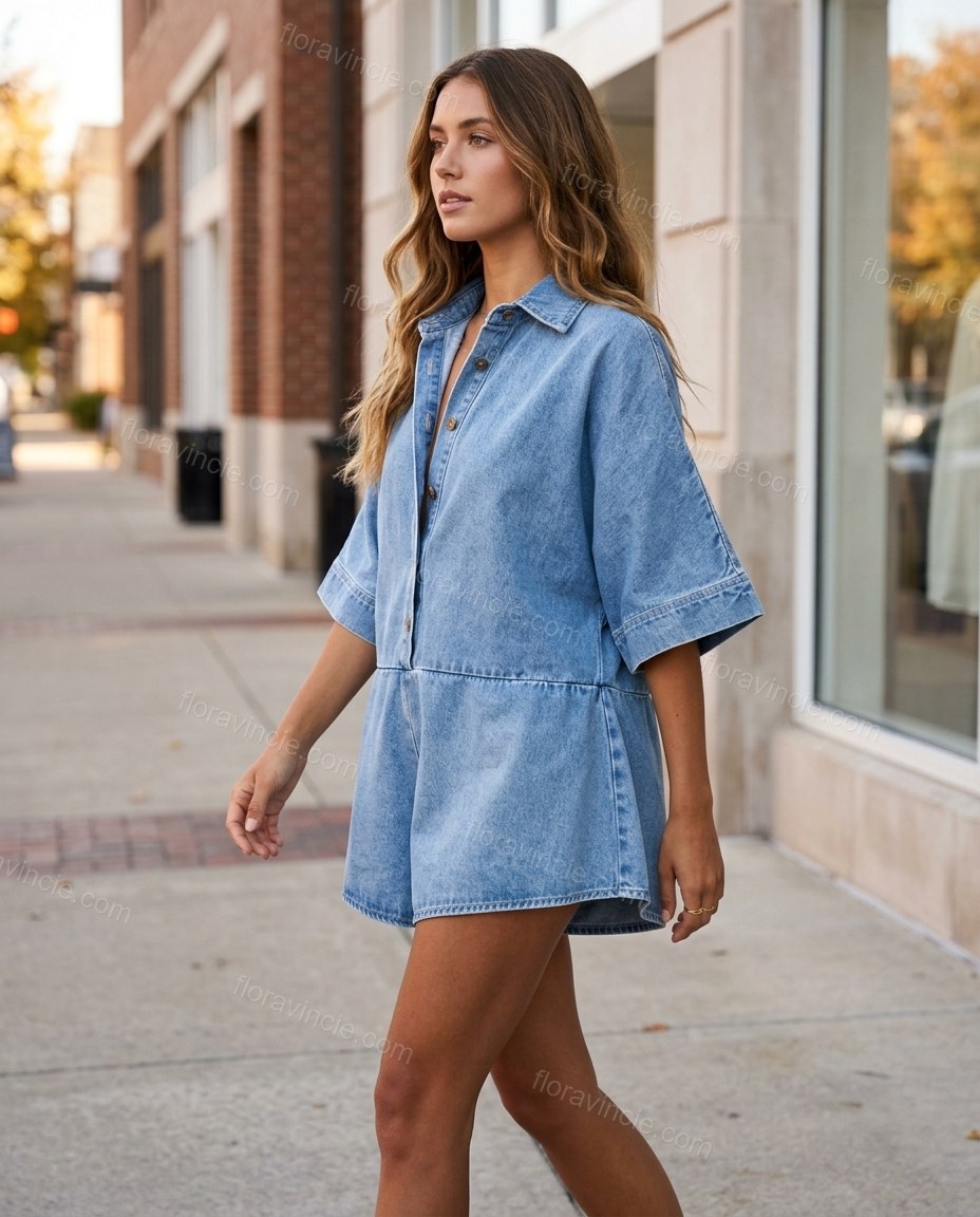Light Blue Denim Jumpsuit, walking lifestyle view, by Floravincie