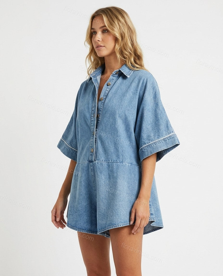 Light Blue Denim Jumpsuit, side and back studio view, by Floravincie