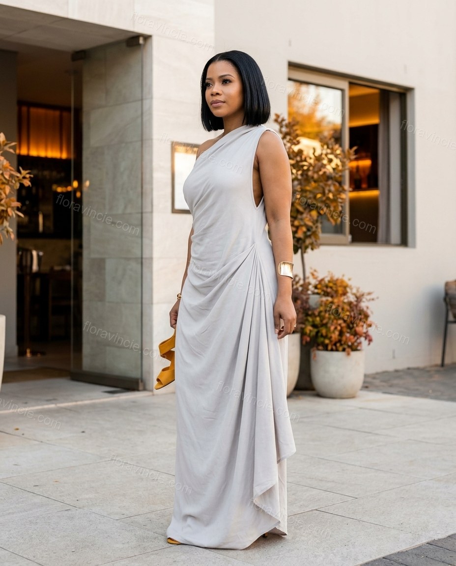 Light Grey Maxi One-Shoulder Asymmetric Dress, walking lifestyle view, by Floravincie