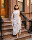 Light Grey Maxi One-Shoulder Asymmetric Dress, three-quarter brand lifestyle view, by Floravincie