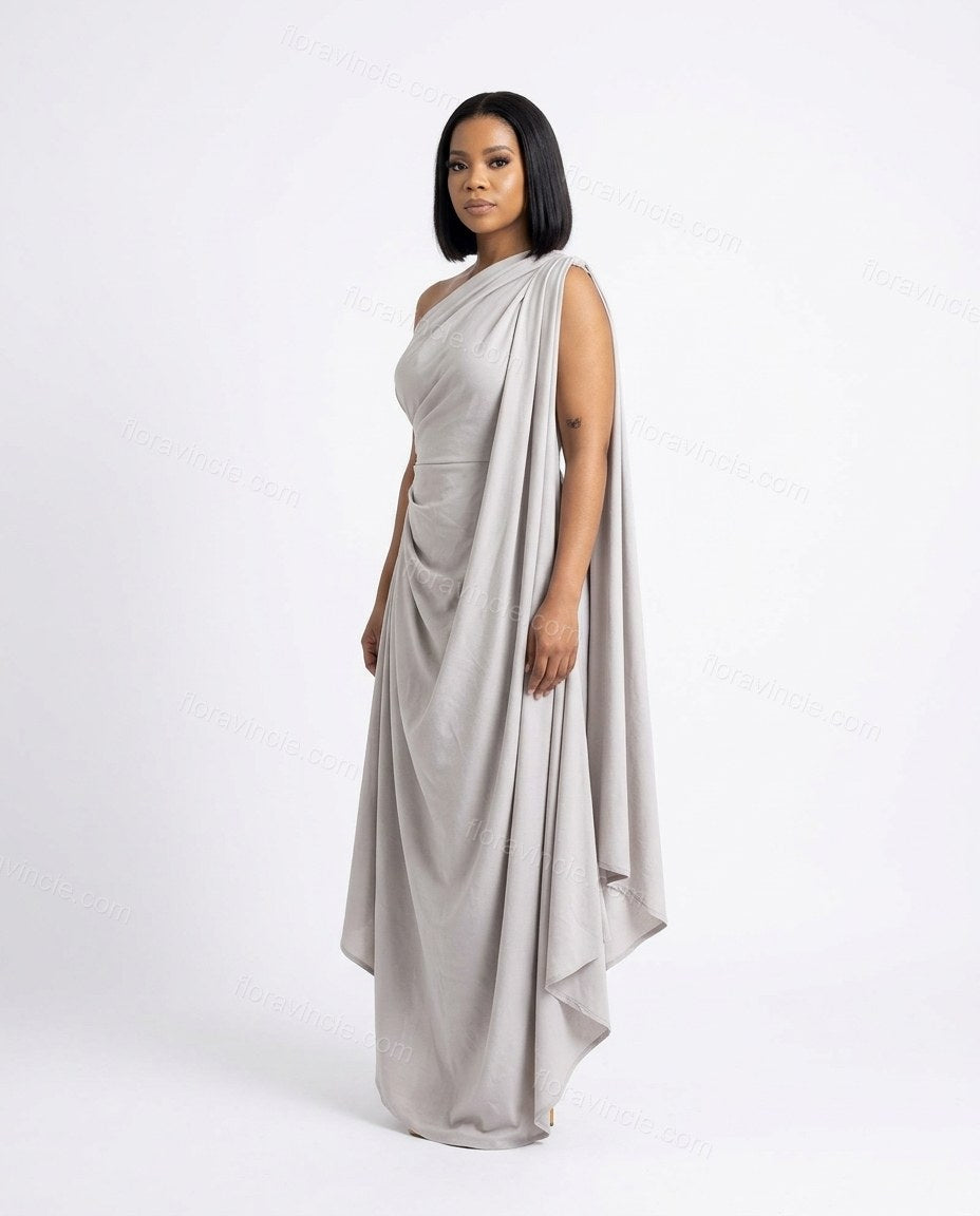 Light Grey Maxi One-Shoulder Asymmetric Dress, side and back studio view, by Floravincie