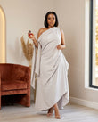 Light Grey Maxi One-Shoulder Asymmetric Dress, full-length hero view, by Floravincie