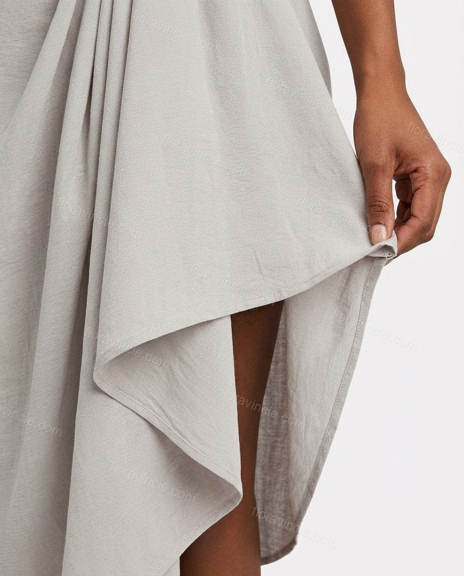 Light Grey Maxi One-Shoulder Asymmetric Dress, close-up of asymmetrical draping, one-shoulder design and draped design, by Floravincie