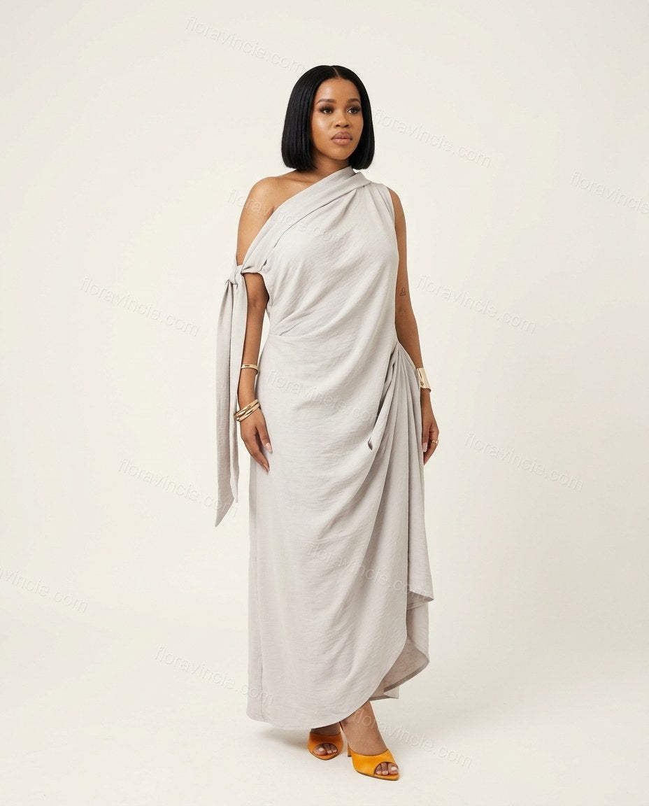 Light Grey Maxi One-Shoulder Asymmetric Dress, front studio view, by Floravincie