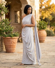 Light Grey Maxi One-Shoulder Asymmetric Dress, alternate use-case lifestyle view, by Floravincie