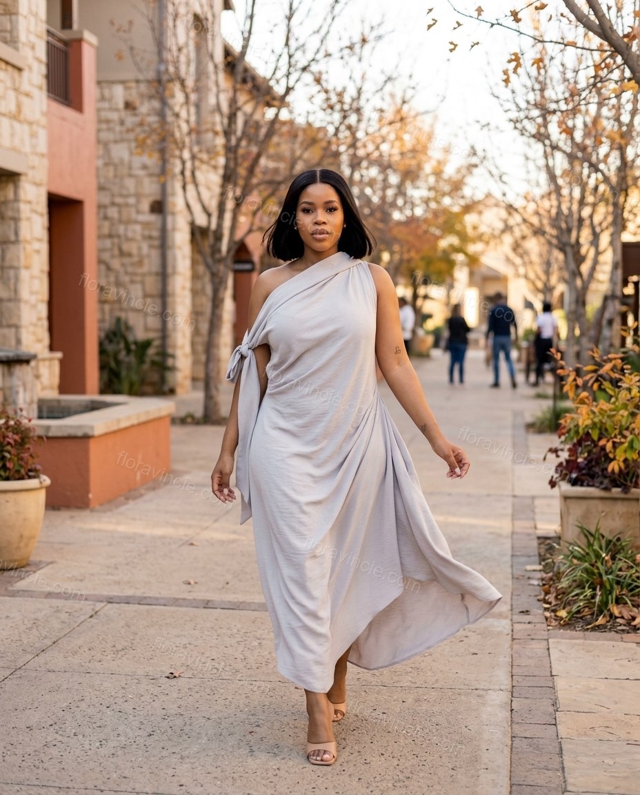 Light Grey Maxi One-Shoulder Asymmetric Dress, movement and fit lifestyle view, by Floravincie