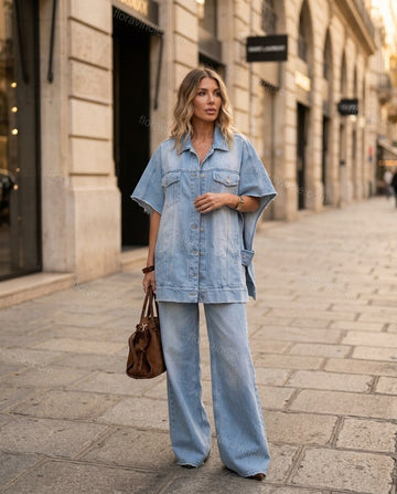 Light Blue Denim Jumpsuit, full-length hero view, by Floravincie