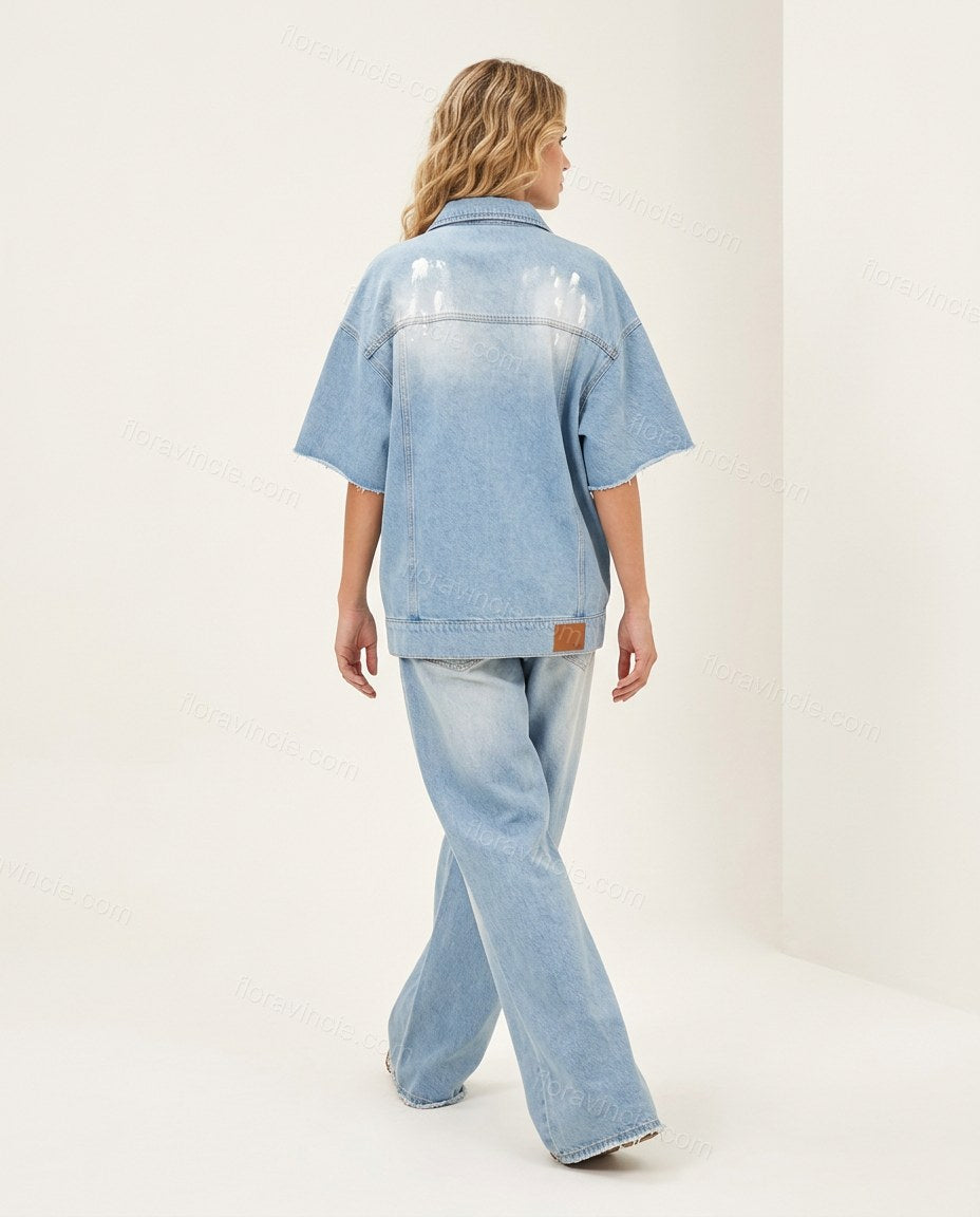 Light Blue Denim Jumpsuit, back studio view showing no visible back details, by Floravincie
