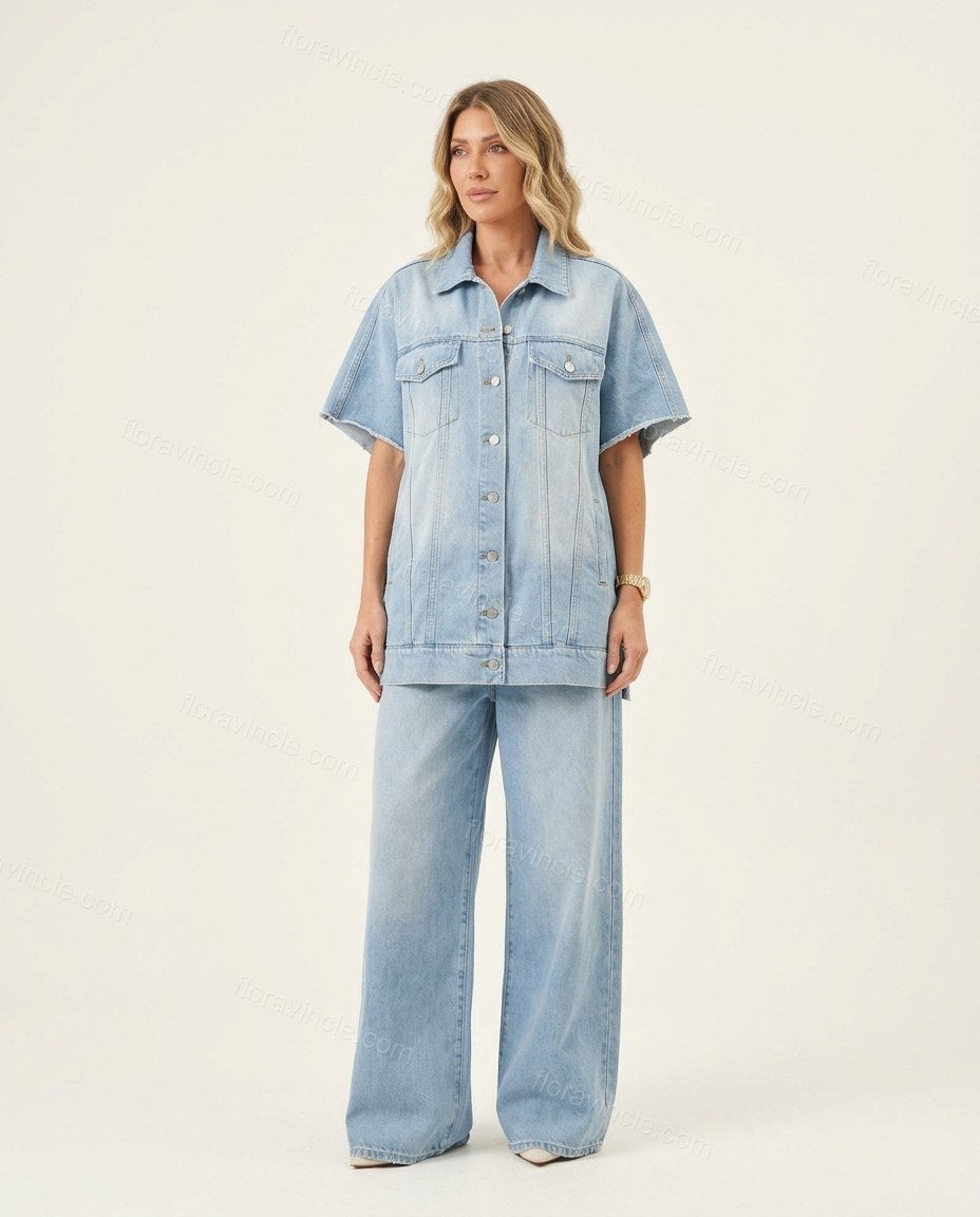 Light Blue Denim Jumpsuit, front studio view, by Floravincie