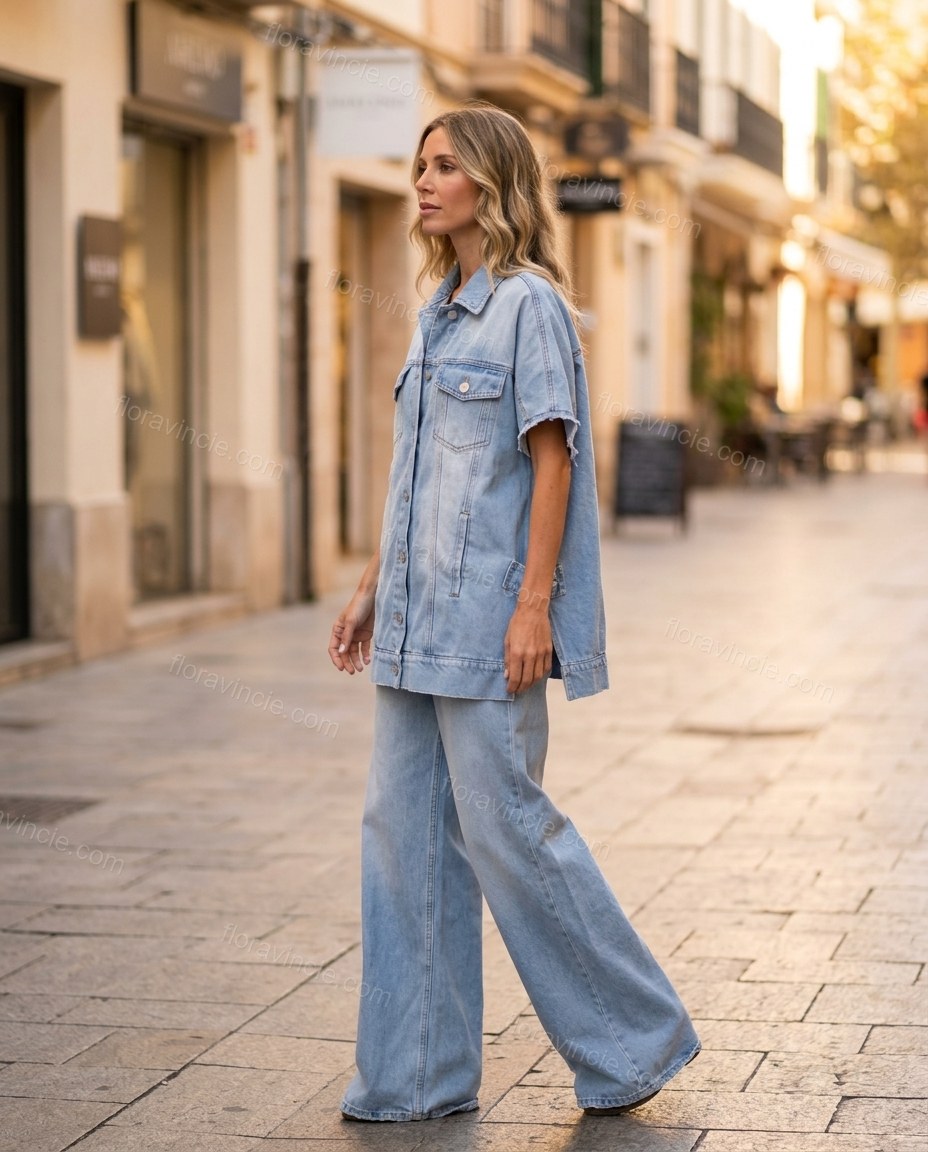 Light Blue Denim Jumpsuit, walking lifestyle view, by Floravincie
