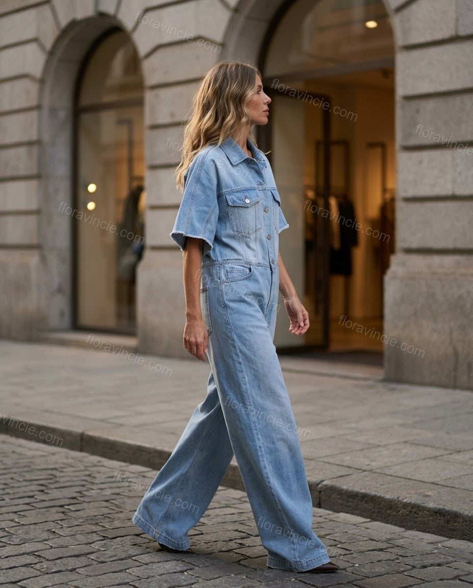 Light Blue Denim Jumpsuit, three-quarter brand lifestyle view, by Floravincie