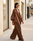 Bronze Satin Pants Set, walking lifestyle view, by Floravincie