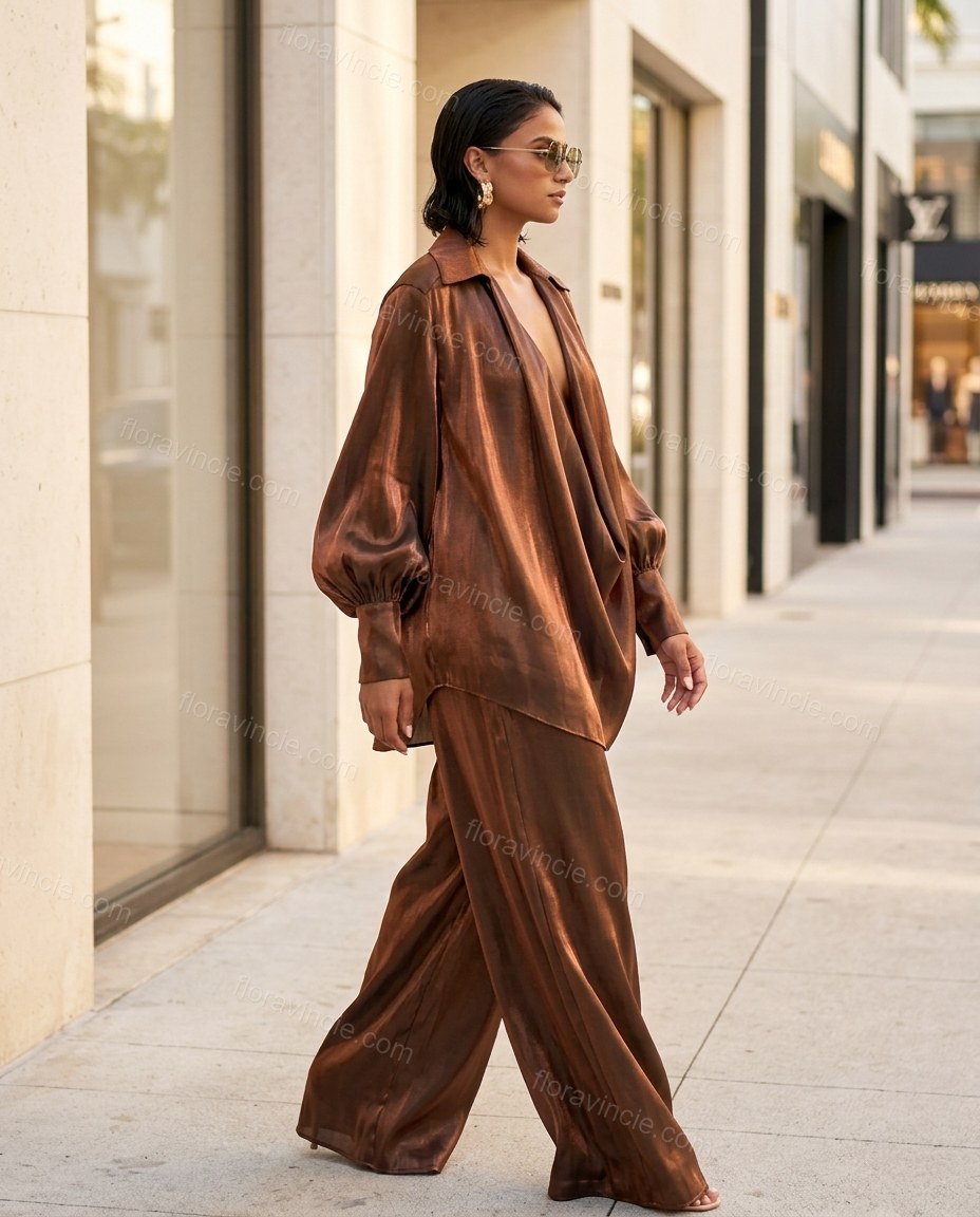 Bronze Satin Pants Set, walking lifestyle view, by Floravincie