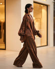 Bronze Satin Pants Set, movement and fit lifestyle view, by Floravincie