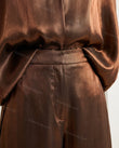 Bronze Satin Pants Set, close-up of collared neckline, gathered cuffs and wide leg pants, by Floravincie